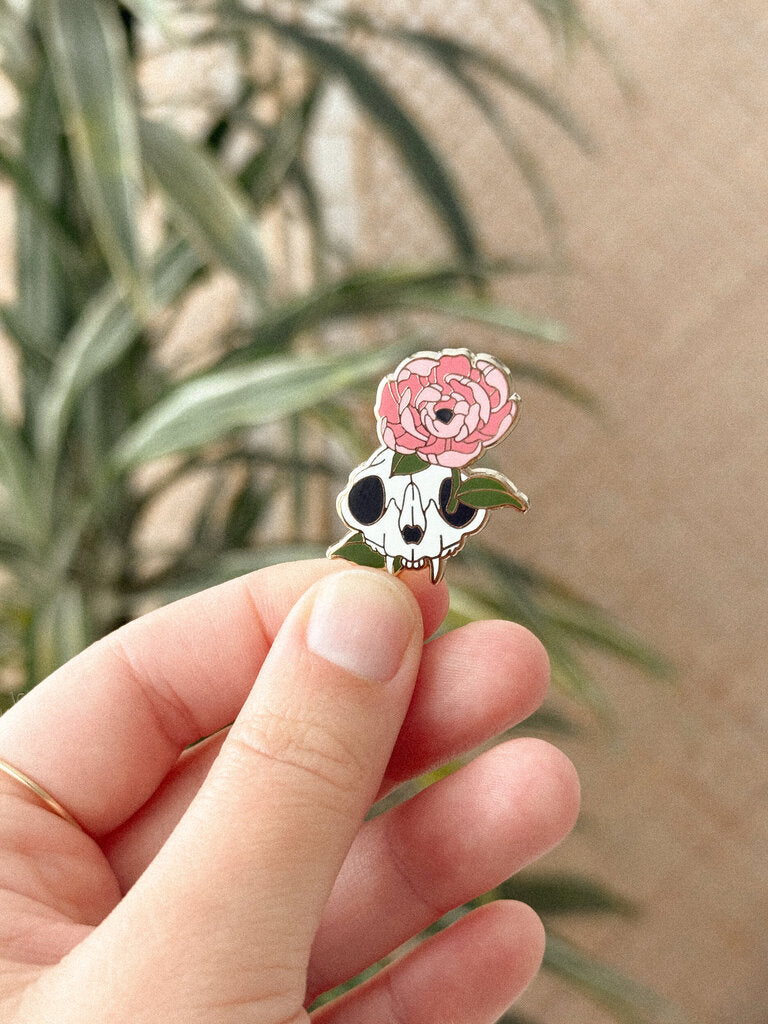 Cat Skull & Peony Enamel Pin