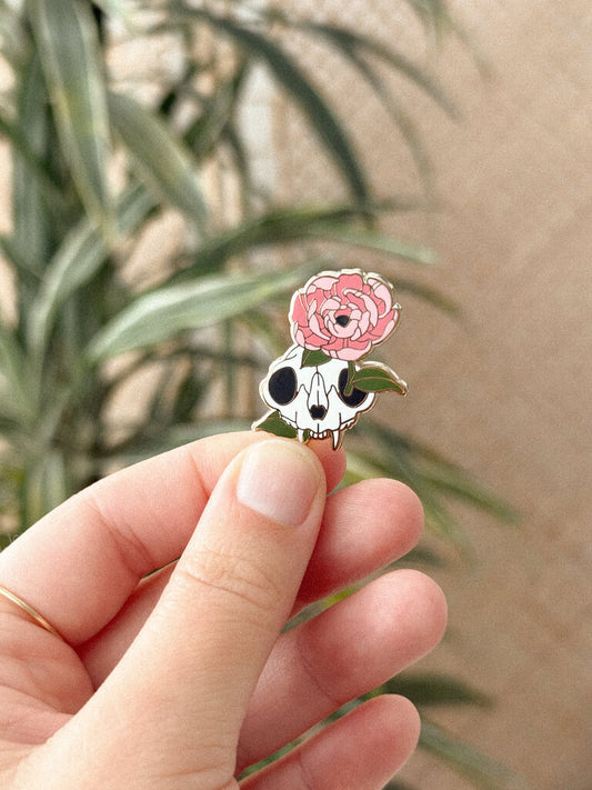 Cat Skull & Peony Enamel Pin