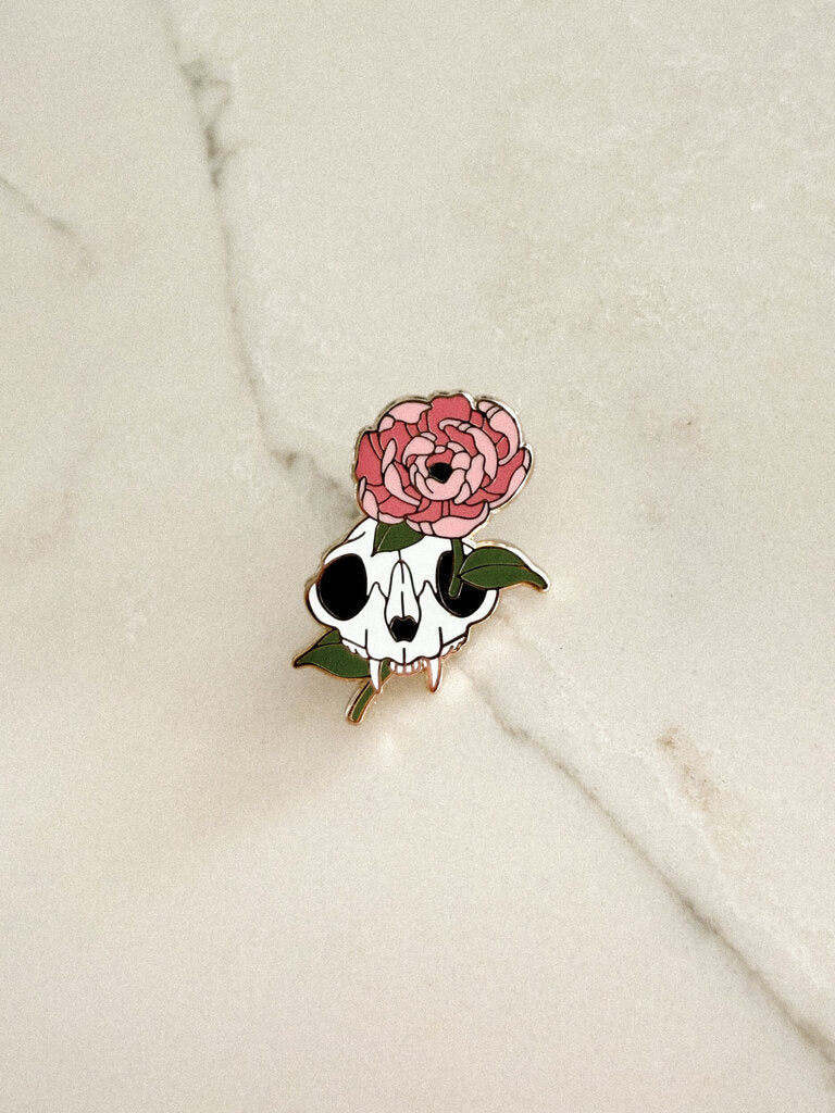 Cat Skull & Peony Enamel Pin