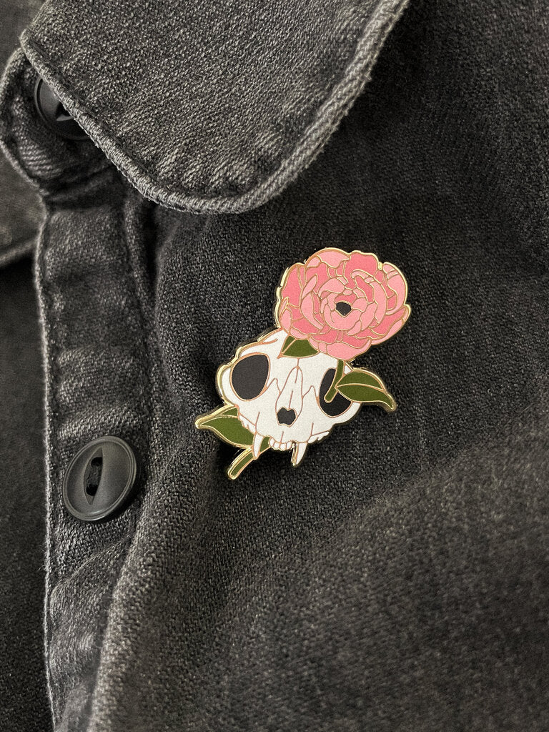 Cat Skull & Peony Enamel Pin